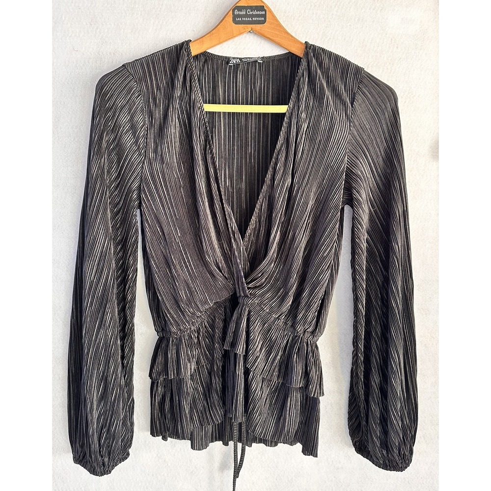 Zara Blouse Pleated V-Neck Ruffle Women S Black Excellent